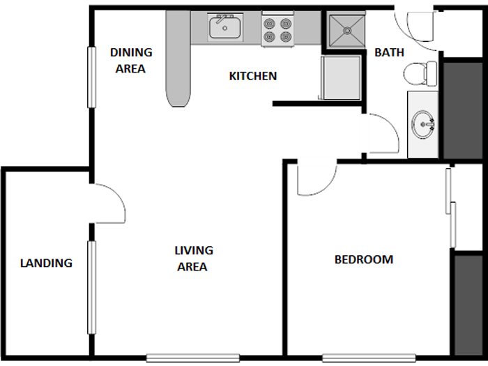 Floor plan for 1 bed, 1 bath, 465 sqft